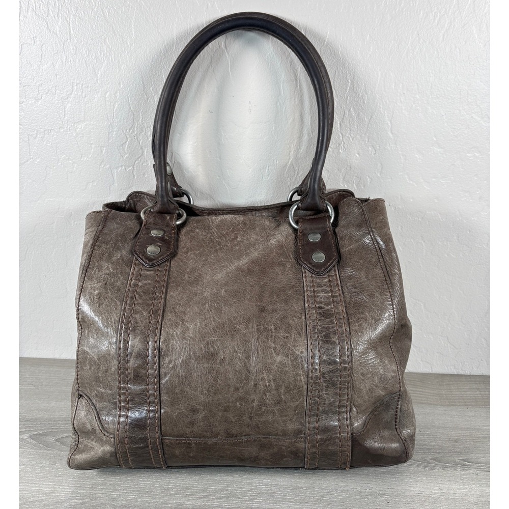 FRYE MELISSA Ice Gray Pull-Up Leather Tote Carryall Shoulder Bag Padded Pocket